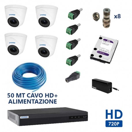 Kit videosoveglianza completo dvr 4ch 5 in 1 4 telecamee dome 1.3mpx 50mt di cavo HD 1TB connettori