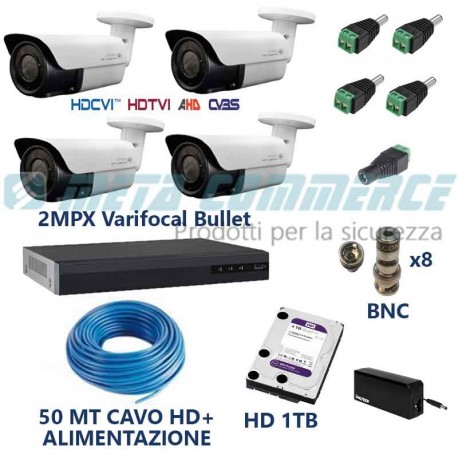 Kit videosorveglianza completo dvr 4ch 5 in 1 2mpx bullet varifocal 2.8-12mm cavo e connettori