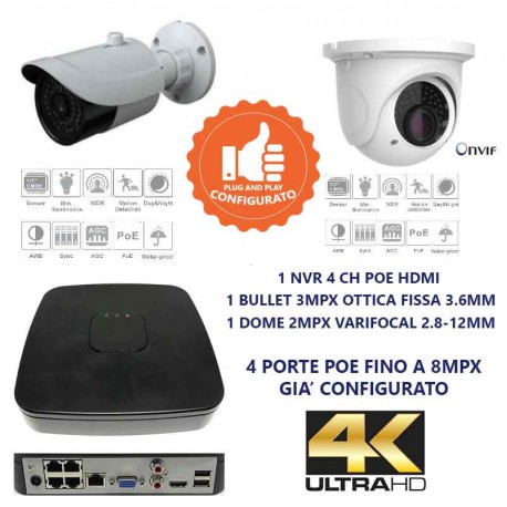 Kit videsorveglianza IP 4CH HD 4K 1 telecamera 3mpx bullet e 1 dome varifocal 2mpx 2.8-12mm